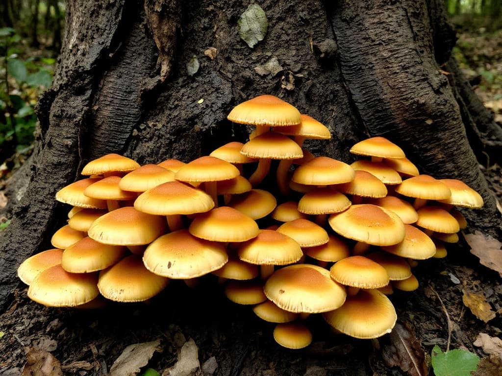 Clusters of honey-colored Armillaria mellea mushrooms emerging from soil at base of tree, characteristic of root rot infection