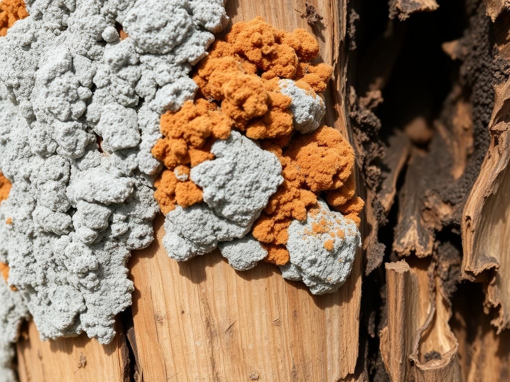 Saddle oak log covered in gray crusty Hypoxylon punctatum fruiting bodies with dusty brown spore masses on bark surface