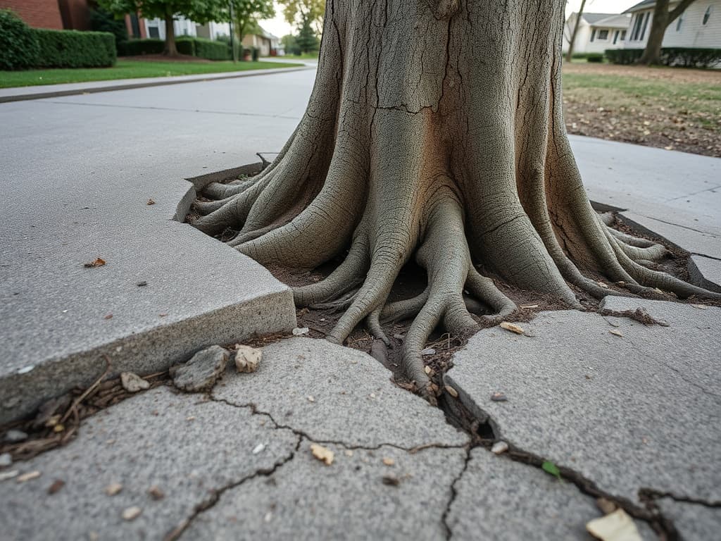Tree roots lifting and cracking concrete sidewalk from below, showing root-to-hardscape contact