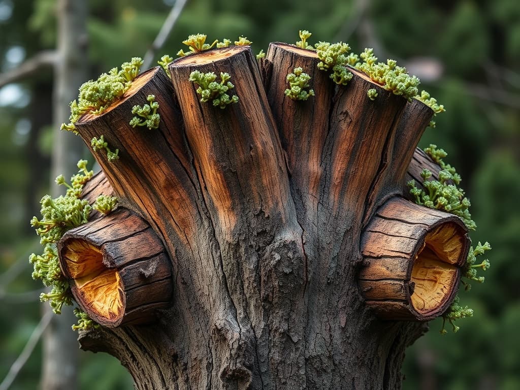 Topped tree showing multiple blunt stub cuts with dense epicormic watersprout clusters and visible decay at stub faces
