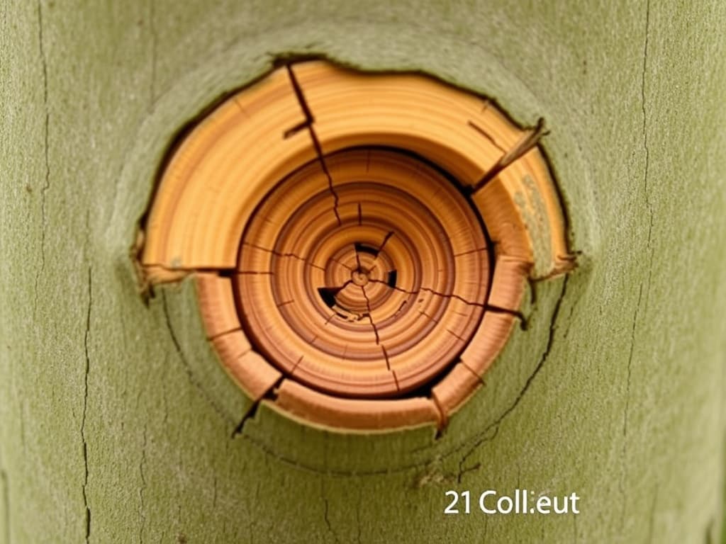 Properly healed pruning wound on hardwood trunk showing concentric callus tissue rings closing over the cut from the collar outward
