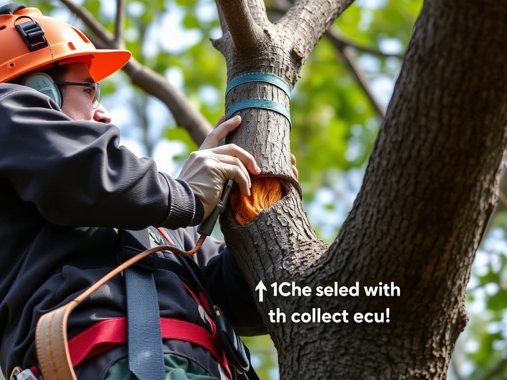 Arborist making a proper collar cut during post-storm tree cleanup, preserving branch collar tissue