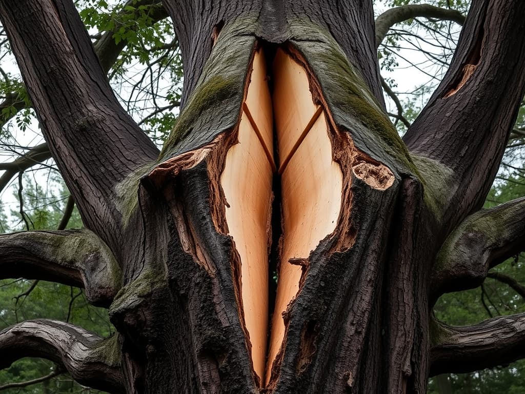 Storm-damaged tree with major trunk split after severe weather, showing exposed pale wood at the break point